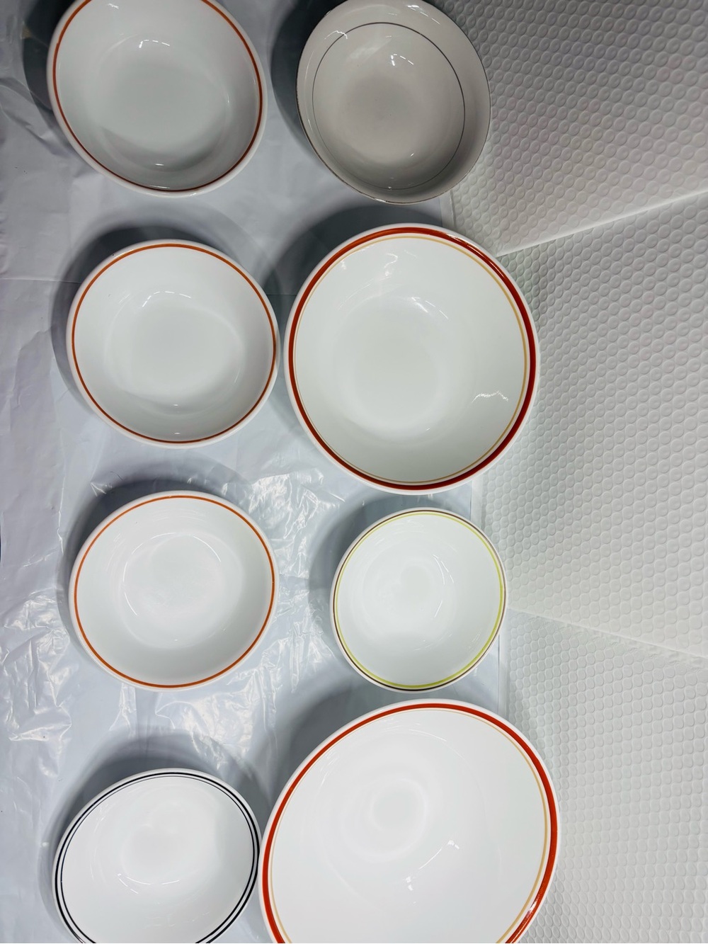 White Ceramic Dining Bowls with Colored Rim - Set of Mixed Sizes